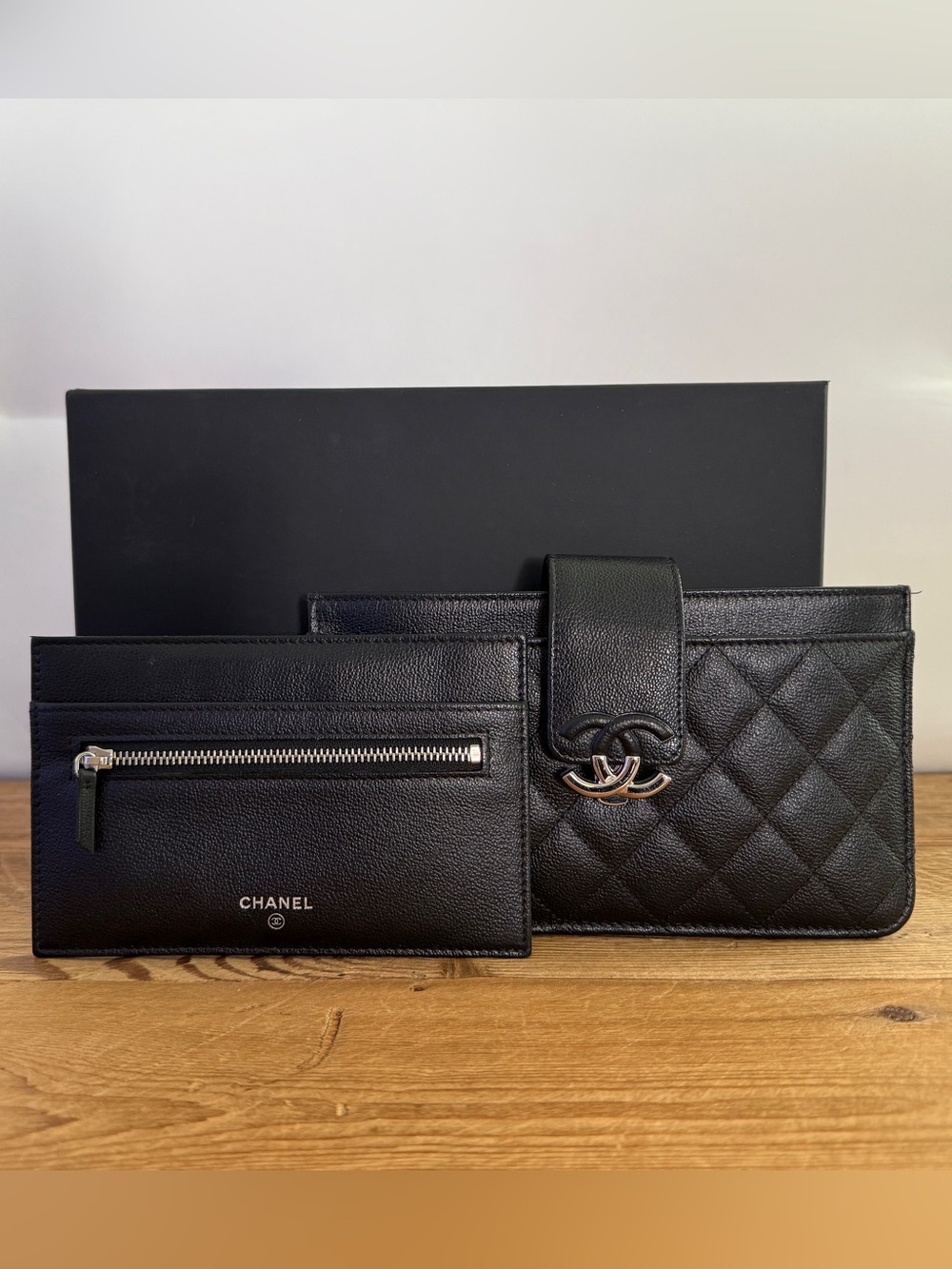 Authentic CHANEL Black Quilted Wallet Clutch w/ Removable Card Holder